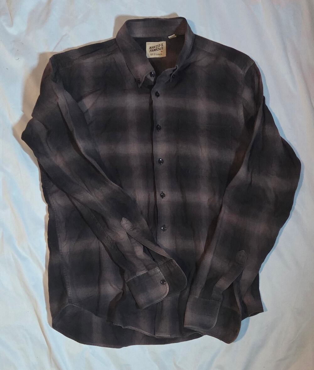 Naked & Famous Denim Grey Black Shadow Plaid Ombre Flannel Easy Shirt size L
